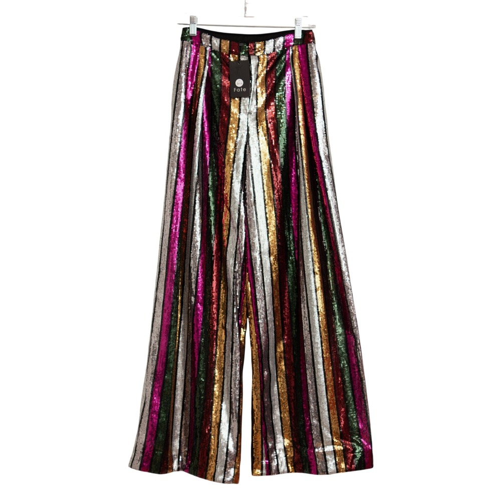 FATE Wide Leg Striped Pants Sz S Colorful Sequin NWT Disco Glam Festival Party
